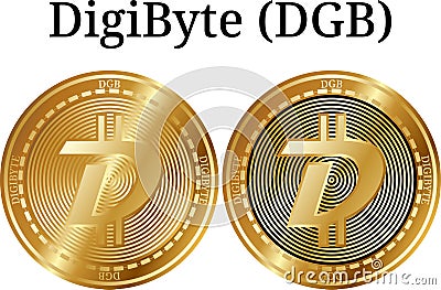 Set of physical golden coin DigiByte (DGB), digital cryptocurrency. DigiByte (DGB) icon set. Cartoon Illustration