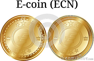 Set of physical golden coin E-coin ECN, digital cryptocurrency. E-coin ECN icon set. Vector Illustration