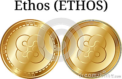 Set of physical golden coin Ethos ETHOS, digital cryptocurrency. Ethos ETHOS icon set. Vector Illustration