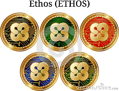 Set of physical golden coin Ethos ETHOS, digital cryptocurrency. Ethos ETHOS icon set. Vector Illustration