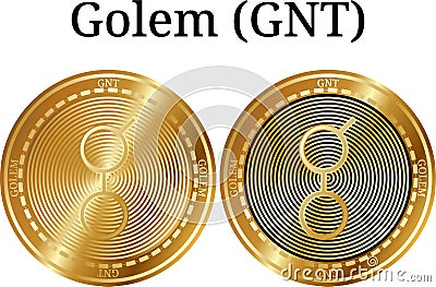 Set of physical golden coin Golem (GNT), digital cryptocurrency. Golem (GNT) icon set. Cartoon Illustration