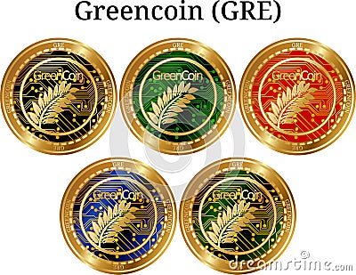 Set of physical golden coin Greencoin GRE Vector Illustration