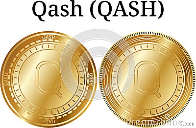 Set of physical golden coin Qash QASH, digital cryptocurrency. Qash QASH icon set. Vector Illustration