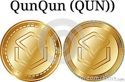 Set of physical golden coin QunQun QUN, digital cryptocurrency. QunQun QUN icon set. Vector Illustration