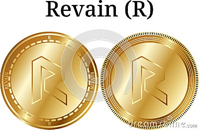 Set of physical golden coin Revain R, digital cryptocurrency. Revain R icon set. Vector Illustration