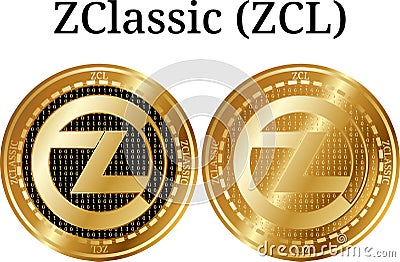Set of physical golden coin ZClassic ZCL, digital cryptocurrency. ZClassic ZCL icon set. Vector Illustration