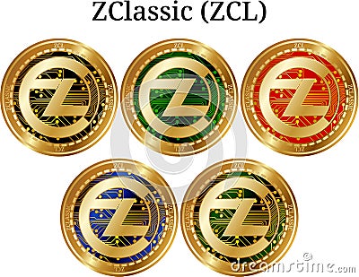 Set of physical golden coin ZClassic ZCL, digital cryptocurrency. ZClassic ZCL icon set. Vector Illustration