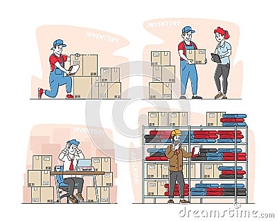 Set Physical Inventory Count Management. Storekeeper Characters Manage Warehouse Cargo Loading, Unloading Sorting Vector Illustration
