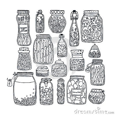 Set of pickled jars with vegetables, fruits, herbs and berries on shelves. Autumn marinated food. Contour Illustration. Vector Illustration