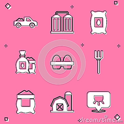 Set Pickup truck, Granary, Pack full of seeds of plant, Chicken egg in box, Garden pitchfork, Bag flour and Farm house Vector Illustration