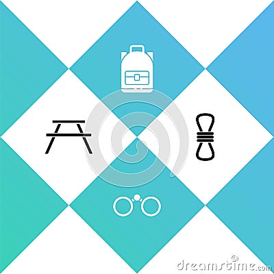 Set Picnic table with benches, Binoculars, Hiking backpack and Climber rope icon. Vector Vector Illustration