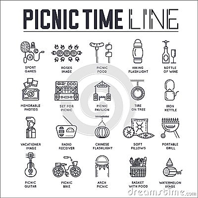 Set of picnic time, barbeque thin line icons. Vector Illustration