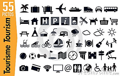 55 signage pictograms on tourism and holidays Stock Photo