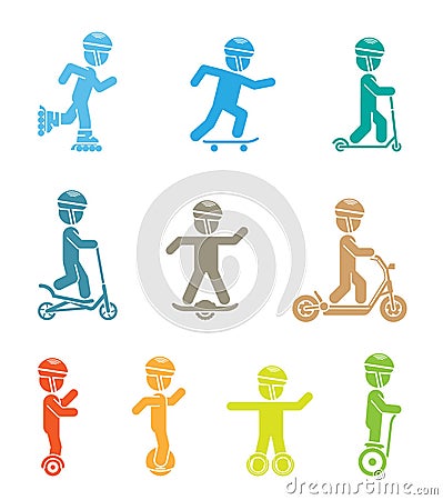 Set of pictograms representing children riding all sorts of modern vehicles Vector Illustration