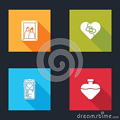 Set Picture frame, Healed broken heart, Mobile with and Bottle love potion icon. Vector Vector Illustration