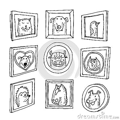 Set picture frames with animals portrait, hand drawn vector illustration Vector Illustration