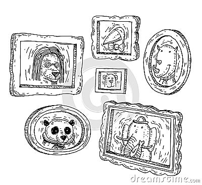 Set picture frames with animals portrait, hand drawn vector illustration Vector Illustration