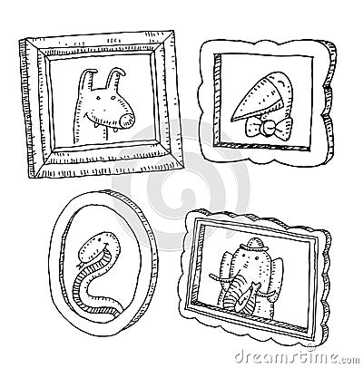 Set picture frames with animals portrait, hand drawn vector illustration Vector Illustration