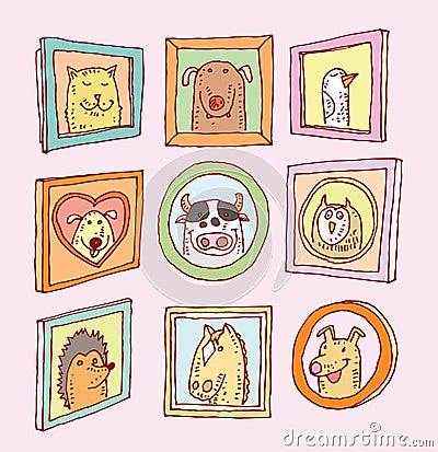 Set picture frames with animals portrait, hand drawn vector illustration Vector Illustration