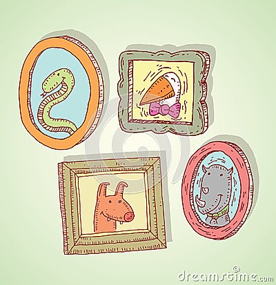 Set picture frames with animals portrait, hand drawn vector illustration Vector Illustration