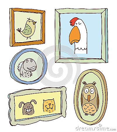 Set picture frames with animals portrait, hand drawn vector illustration Vector Illustration