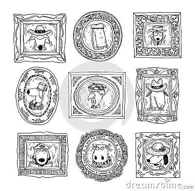 Set picture frames with animals portrait, hand drawn vector illustration Vector Illustration