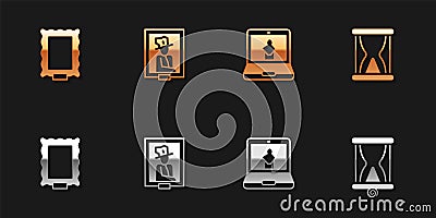 Set Picture, Portrait in museum, Online and Old hourglass with sand icon. Vector Vector Illustration