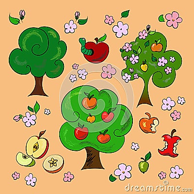 A set of pictures of apples. Stickers Vector Illustration