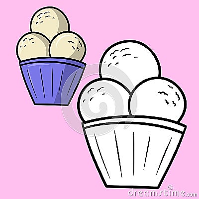 A set of pictures, a coloring book. Delicate sweet cold dessert, vanilla ice cream in a blue glass, cartoon vector Vector Illustration