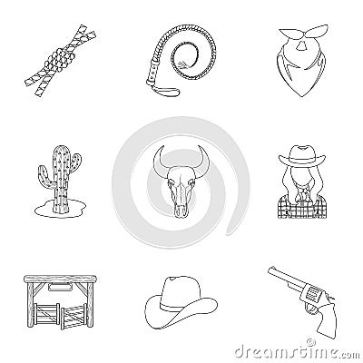 A set of pictures about cowboys. Cowboys on the ranch, horses, weapons, whips.Rodeo icon in set collection on outline Vector Illustration