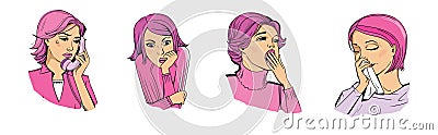 Set of pictures depicting the emotions of a woman: fear, horror, pain, sadness, boredom. Pop art. Comic book style Stock Photo