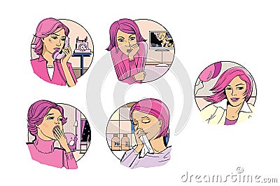 Set of pictures depicting the emotions of a woman: Joy, happiness, fear, horror, pain, sadness, boredom. Pop art. Comic book Stock Photo