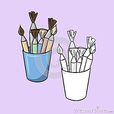 A set of pictures, a jar with various brushes, a drawing tool, a vector cartoon illustration Vector Illustration