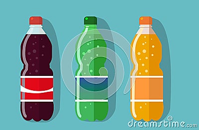 set of pictures plastic bottle of coca cola, sprite, fantasy orange soda Vector Illustration