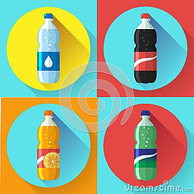 Set of pictures plastic bottle of coca cola, sprite, fantasy orange soda Flat vector illustration Vector Illustration