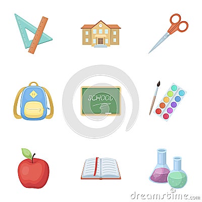 Set of pictures about the school. Study training. Supplies for school.Outfit of the student. School and eduacation icon Vector Illustration