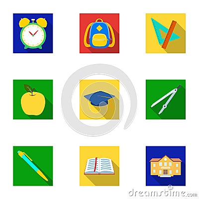 Set of pictures about the school. Study training. Supplies for school.Outfit of the student. School and eduacation icon Vector Illustration