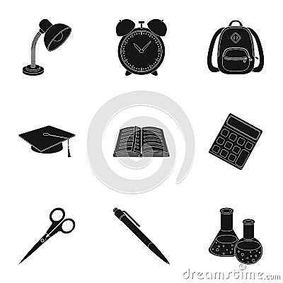 Set of pictures about the school. Study training. Supplies for school.Outfit of the student. School and eduacation icon Vector Illustration