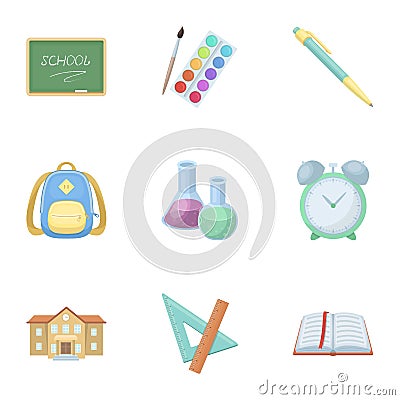 Set of pictures about the school. Study training. Supplies for school.Outfit of the student. School and eduacation icon Vector Illustration