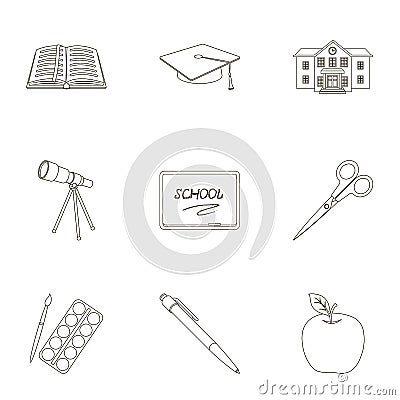 Set of pictures about the school. Study training. Supplies for school.Outfit of the student. School and eduacation icon Vector Illustration