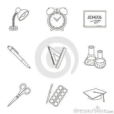 Set of pictures about the school. Study training. Supplies for school.Outfit of the student. School and eduacation icon Vector Illustration