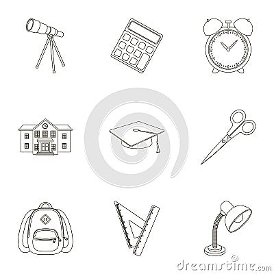 Set of pictures about the school. Study training. Supplies for school.Outfit of the student. School and eduacation icon Vector Illustration