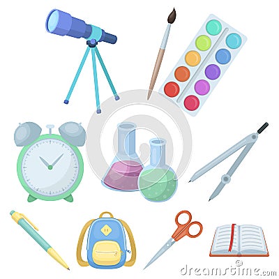 Set of pictures about the school. Study training. Supplies for school.Outfit of the student. School and eduacation icon Vector Illustration