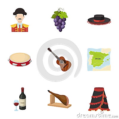 A set of pictures about Spain. Sights of Spain, gypsies, guitar, dances.Spain country icon in set collection on cartoon Vector Illustration