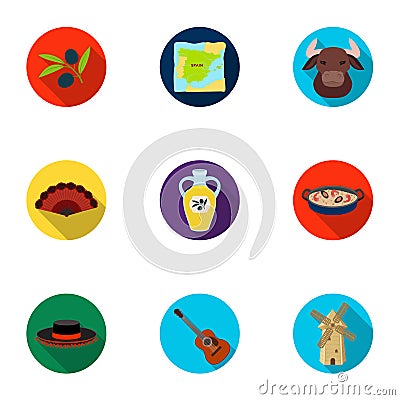 A set of pictures about Spain. Sights of Spain, gypsies, guitar, dances.Spain country icon in set collection on flat Vector Illustration