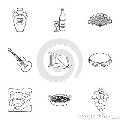 A set of pictures about Spain. Sights of Spain, gypsies, guitar, dances.Spain country icon in set collection on outline Vector Illustration