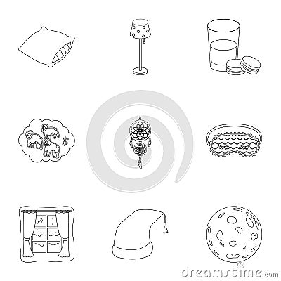 A set of pictures on a theme a dream, rest. Bed accessories for rest.Sleep and rest icon in set collection on outline Vector Illustration