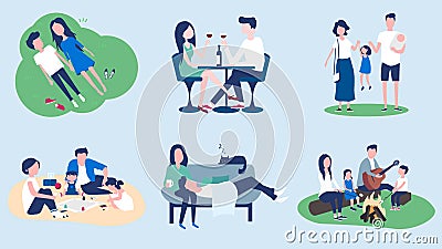 A set of pictures on the theme of family spending time together. Vector Illustration