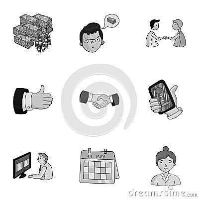 A set of pictures about the transaction, work, office. Office center, analytics.Business conference and ntgotiations Vector Illustration