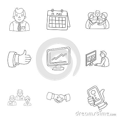 A set of pictures about the transaction, work, office. Office center, analytics.Business conference and ntgotiations Vector Illustration